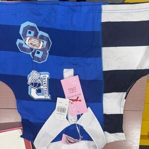 Retro Fox Striped Color Blocked Graphic Crop Polo Top - Navy